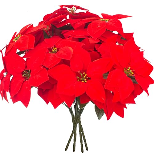 Grunyia 5 Artificial Poinsettia Flowers Bouquet Christmas 7 Heads 19.6”Faux Red Poinsettia Bush Fake Flowers for Home Porch Xmas Tree Garden Indoor Outdoor Office Christmas Decorations