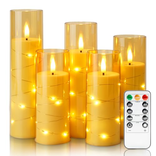 Homemory Flameless LED Candle with Embedded Star String Lights, Fake Candles with Remote Control & Timer, Battery Operated Candles, Amber, Set of 5 - color: Gold-5pcs, size: 5pcs, D2.2"x H5"5"6"7"8"