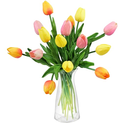 FiveSeasonStuff Real Touch Tulips – 15 Stems Artificial Stems Flowers with Collapsible PVC Vase (Orange, Yellow, Pink) for Home Décor, Gifts, Weddings & Spring Floral Arrangements - color: Festive Bloom With Vase