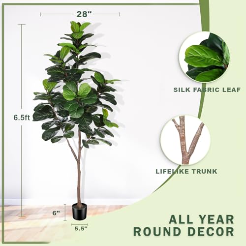 LYERSE Artificial Fiddle Leaf Fig Tree - 6.5ft Faux Ficus Lyrata Plant with 108 Fiddle Leaves Fake Fig Silk Tree in Pot Artificial Tree for Indoor Outdoor Home Office Perfect Housewarming - size: 6ft 6in