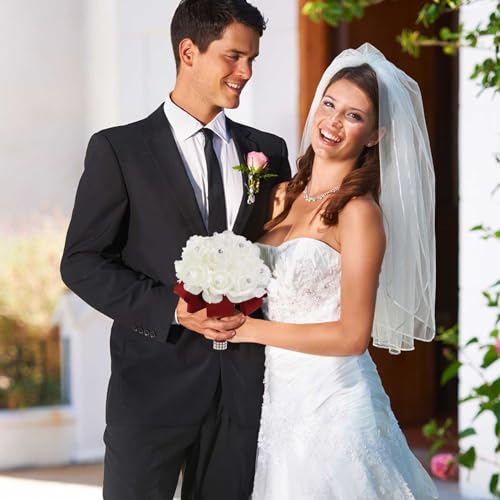 MOJUN Wedding Bouquets Crystal PE Roses Bridal Bridesmaid Wedding Hand Holding Bouquet Artificial Fake Flowers Toss Bouquet, Burgundy - color: Burgundy