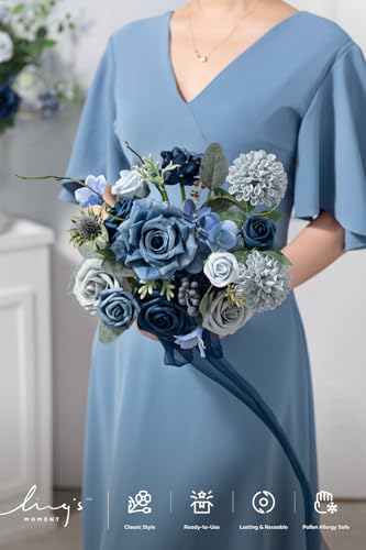 Ling's moment Artificial Bridesmaid Bouquets Set of 4,Navy Blue Wedding Flower Bouquets Dusty Blue Rose Floral Bouquet Bridal Bouquets with Ribbon,Ceremony,Anniversary,7-inch Diameter - color: Blu-navy Blue & Dusty Blue