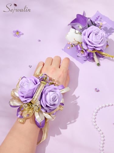 Serwalin Prom Corsage and Boutonniere Set Purple, Prom Flower Wrist Corsage Wristlet for Homecoming, Formal Dance, Wedding Flowers Lavender Accessories Party Suit Decorations - color: Purple