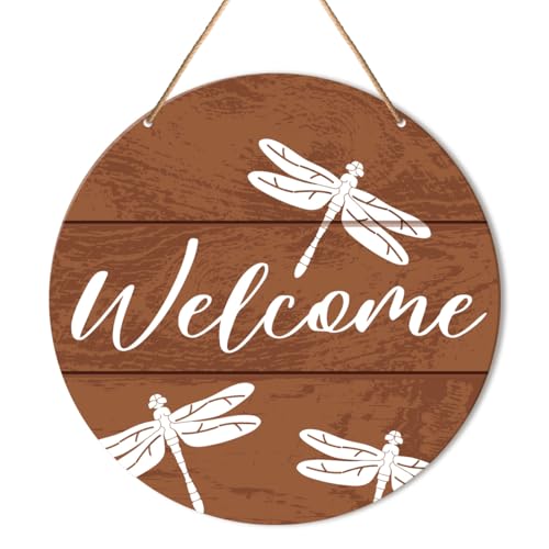Muktoujaumai Welcome Sign Front Door Decor, Welcome Round Hanging Sign Decor Rustic Decorations Dragonfly Wall Wood Sign for Door, Porch, Home, Housewarming Gift for New House Friend Family - color: Y6