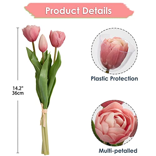 DILATATA 6 Pcs Artificial Tulips Flowers Pink Real Touch Fake Latex Tulips Flowers for Mother's Day 14" Faux Tulips Faux Flowers for Vase Centerpieces Home Wedding Bouquet - color: Latex Pink #6