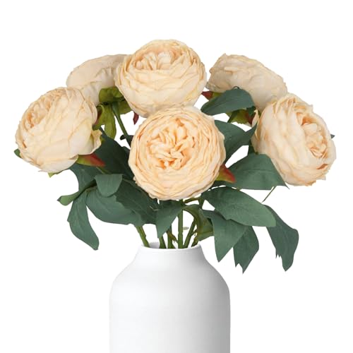 Peony Artificial Flowers 6PCS Champagne Flowers 19.7" Vintage Fake Peonies Silk Flowers with Stems for Wedding Bridal Bouquet Home Party Office Decoration(Champagne) - color: Champagne