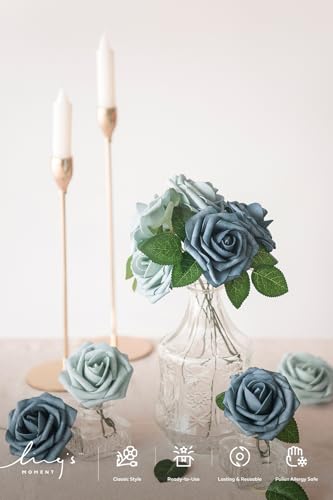 Ling's moment Artificial Roses, Dusty Blue & Navy, 3", 25Pcs | Foam Material, With Stems, DIY Floral, Wedding Bouquet/Centerpieces, Party/Room/Garden Decor - color: Blu- Dutch Blue & Dusty Blue, size: 25Pcs