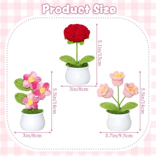 Weldomcor Crochet Flowers Cute Potted Plants Fake Knitted Flower Mini Flowers for Desk Office Car Dashboard Window Home Decor, Gift for Teachers Graduation Anniversary Birthday - color: Puff+rose+lily of the Valley
