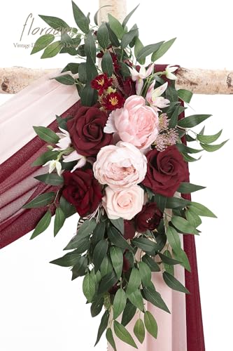 Floroom Arch Flowers with Drapes Kit (Pack of 4) - 2pcs Artificial Burgundy & Blush Floral Swag Arrangement with 2pcs Draping Fabric for Wedding Ceremony Arbor and Reception Backdrop Decoration - color: Marsala & Blush