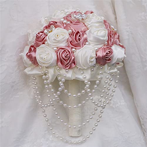 Pink Wedding Bouquet with Brooch Pearl String Cascade Bouquet for Bride Bridesmaid Quinceanera Artificial Satin Rose Flower Bridal Bouquet Wedding Blush Pink and Ivory 9.8in - color: Blush Pink & Ivory, size: Extra-large (DIA. 9.8"/25cm)