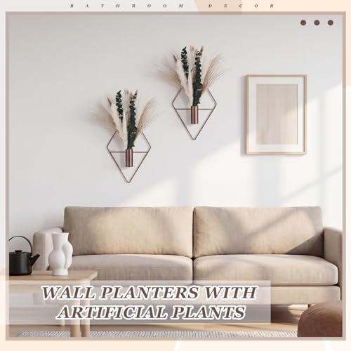 Canlierr 4 Pcs Bronze Wall Decor Hanging Planters with Artificial Plants Eucalyptus Pampas Grass Metal Hanging Vase Indoor Plants Holder Modern Boho Wall Art for Bathroom Bedroom Living Room Decor - color: Bronze, size: Pampas Grass, Eucalyptus