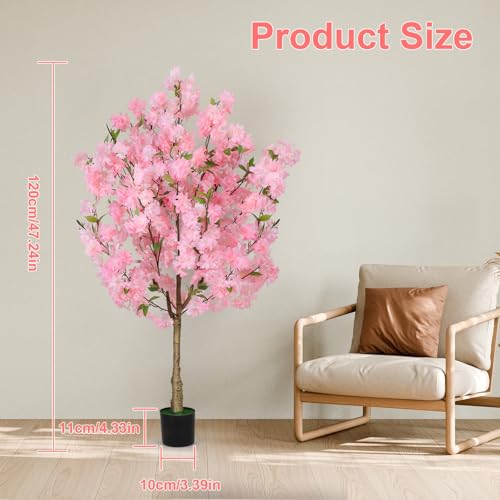 Cherry Blossom Artificial Tree, Fake Tree Faux Silk Plant with Plastic Nursery Pot, Artificial Plants for Home Office Indoor Decor (Pink, 4FT) - size: 4ft