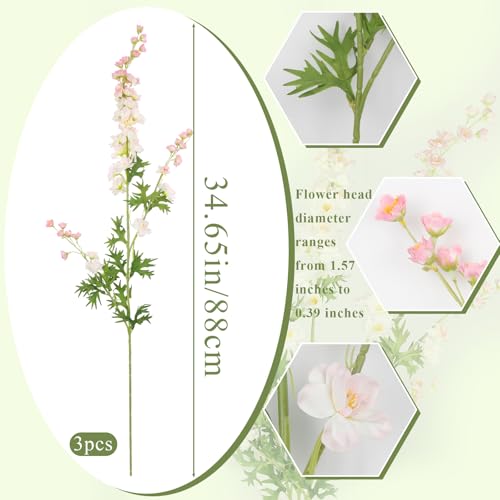 CITYES 3 Pcs Delphinium Artificial Flowers Bulk 35" Long Stem Silk Larkspur Flowers Artificial Snapdragon Flower Stems Pink Faux Bouquets for Tall Vase Floral Arrangements Home Outdoor Wedding Decor - color: Light Pink