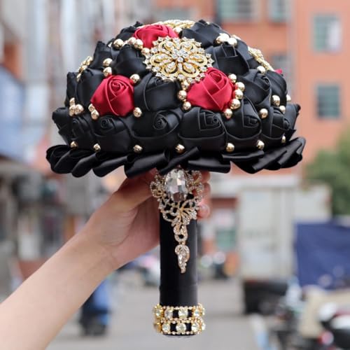 Bridal Wedding Bouquet Luxury Gold Rhinestone Brooch Bouquet for Bride Bridesmaid Quinceanera Satin Rose Artificial Flower Bouquet Wedding Black and Burgundy 9.5in - color: Black & Burgundy (Black Handle), size: Diameter: 9.5 inches