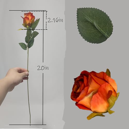 Artificial Roses 10 Pcs - Lifelike Single Stem Fake Roses with Natural Petal Texture,Fade-Resistant Silk Flowers for Wedding Decor,Home Vase Arrangements,Party Centerpieces(10, Red - Orange) - color: Red - Orange