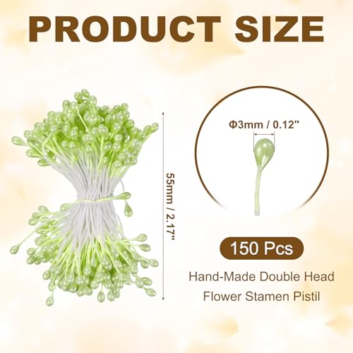 Patikil 3mm Double Heads Flower Stamen, 150Pcs Artificial Pistil Matt Pearl Floral Stamen for DIY Christmas Card Wedding Decoration, Light Green - color: Light Green