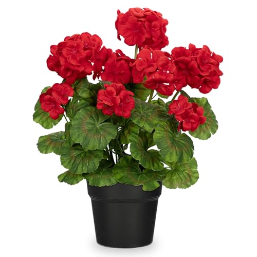 Briful Artificial Geranium Potted Plant – 16” Tall, Realistic Silk Flowers with Vibrant Green Leaves, Red Geraniums Fake Flowers for Outdoors Valentine's Day Home Décor, Farmhouse Office Tables Decor - color: Red