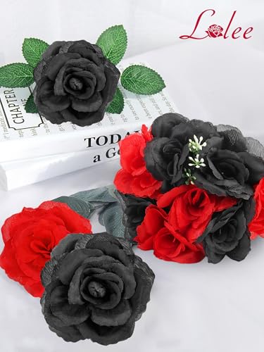 108pcs Roses Head Flowers with Stem - Red Black Artificial Flowers Rose Bulk - Silk Rose Fake Flower for Graduation Casino Theme Hollywood New Years Movie Night Birthday Decorations - color: Red-black