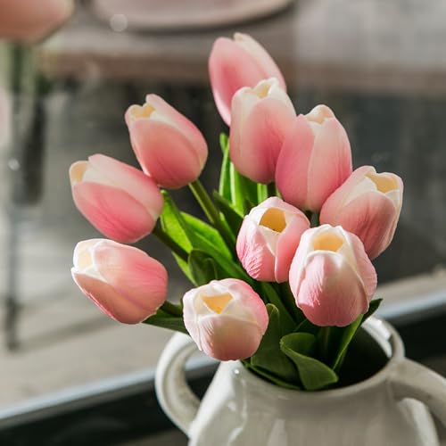 Tanvecle 20pcs Pink and White Artificial Tulip Flowers, Silk Fake Flowers 13" for Mother's Day, Easter, Valentine’s Day Gifts in Bulk, Home, Kitchen, Wedding Decorations - color: Pink-white