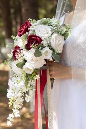12 Inch Cascade Wedding Bouquets for Bride, Burgundy & White Cascading Bridal Bouquet for Wedding Silk Artificial Flowers - color: Burgundy & White