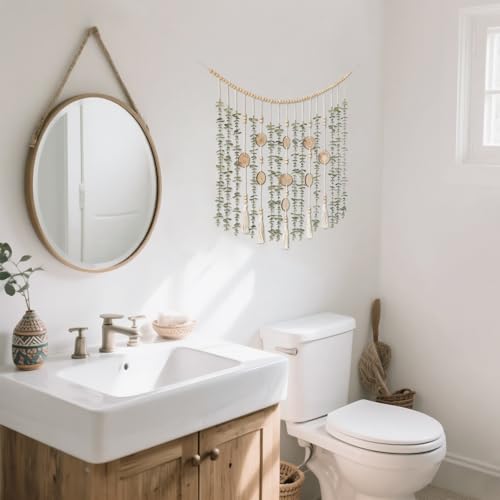 Dahey Hanging Artificial Plant Eucalyptus Wall Decor 43'' Wooden Bead Garland with Fake Greenery Leaves Boho Rustic Farmhouse Wall Art for Living Dining Room Bathroom Bedroom Kitchen Decoration - size: 43 inches