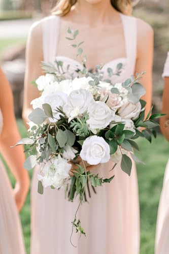 IPOPU Rose Artificial Flowers 20pcs Realistic Velvet Faux Rose with Stems White Fake Rose Flowers in Vase for DIY Wedding Bouquets Bridal Shower Party Centerpieces Table Home Decor (White - color: White
