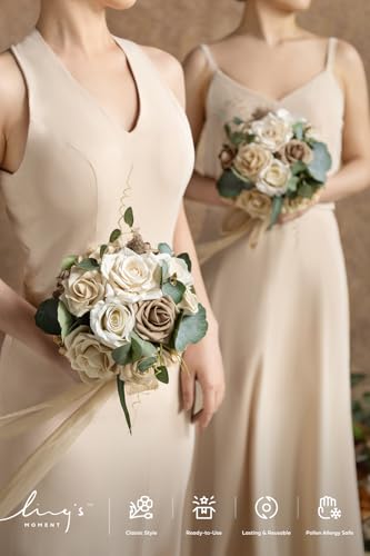 Ling's moment Artificial Bridesmaid Bouquets Set of 4,Oatmeal Beige Wedding Flower Bouquets Floral Bouquet Bridal Bouquets with Ribbon Ceremony Anniversary,7-inch Diameter - color: Br-beige