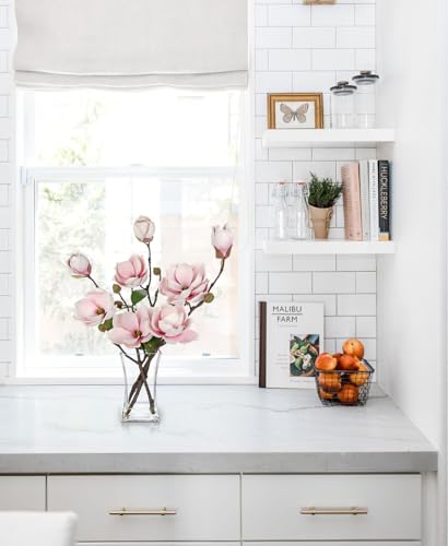 Briful Artificial Magnolia Flower Arrangement with Glass Vase, 18.5in Pink Faux Magnolia Flowers Fake Floral Centerpiece for Eleglant Home Office Room Table Shelf Décor - color: Pale Pink