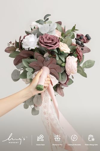 Ling's moment Pink Wedding Bouquets for Bride, Dusty Rose and Mauve Bridal Bouquets for Bride, 15 Inch Free Form Artificial Wedding Flowers Bouquets - color: Pk-dusty Rose and Mauve, size: Medium 15 Inch