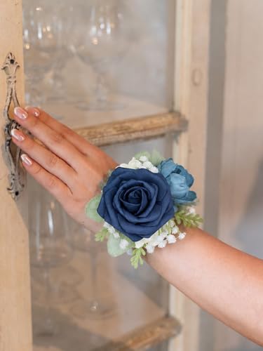 Rinlong 2Pcs Navy Blue Wrist Corsage for Wedding, Prom, Homecoming | Bridesmaid Wristlet, Mother of the Bride Flower Corsage - color: 23-navy
