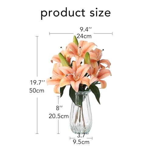 6 Pcs Artificial Lily Flowers with Glass Vase, 19.7" Faux Stargazer Lily Stems with 2 Blooms and 1 Bud Each, Faux Tiger Bouquets for Home, Hotel, Party Flower Arrangement Decor (Champagne) - color: Champagne, size: Lily