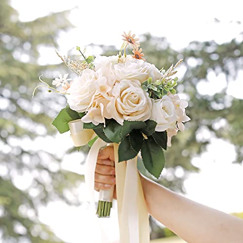 Ansofi Wedding Bouquets for Bride Bridesmaid Tossing Wedding Bouquet Beige White Rose Artificial Bridal Bouquet for Boho Rustic Wedding Ceremony Anniversary - color: Bridesmaid Bouquet