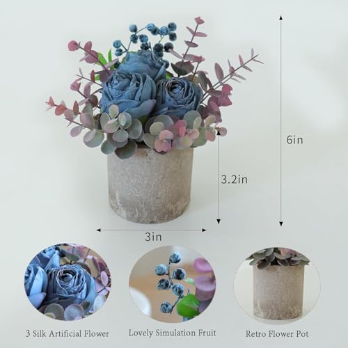 Small Artificial 2pcs Burnt Blue Rose Potted Plant, 6" Fake Silk Flowers in 3" Cylindrical Pot, Mini Faux Floral Arrangement for Desk Shelf Bathroom Decor - color: 2pcs Burnt Blue