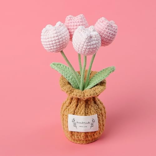 Crochet Tulip Flower Plant, Small Cute Handmade Knitted Flowers with Vase, Small Crochet Potted Artificial Flower Plants for Desk Home Car Dashboard Office Decorations (Tulip-Purple) - color: Tulip-purple