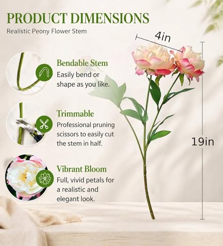 4 Pcs Silk Peonies Artificial Flowers Bulk Faux Peony Bouquet Fake Flower for Wedding Bridal Shower Centerpieces DIY Floral Arrangements Home Party Decorations (White-Pink) - color: White-pink
