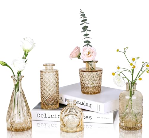 UPBUD Amber Glass Bud Vases Set of 5, Gold Flower Vase for Centerpieces, Small Clear Vases in Bulk for Wedding Decorations, Vintage Vase for Table, Recepetion, Home Décor - color: Standard-gold Amber, size: 5pcs
