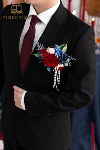 TINGE TIME Boutonniere for Men Wedding,Groom and Best Man Boutonniere for Wedding, Prom, Homecoming, Anniversary, Graduation, Christmas Dinner (1, Red & Navy Blue) - color: Red&navyblue