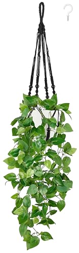 Mkono Fake Hanging Plant with Pot, Artificial Plants for Home Decor Indoor Macrame Plant Hanger with Fake Vines Faux Hanging Planter Greenery for Bedroom Bathroom Kitchen Office Decor (1, Black) - color: Black