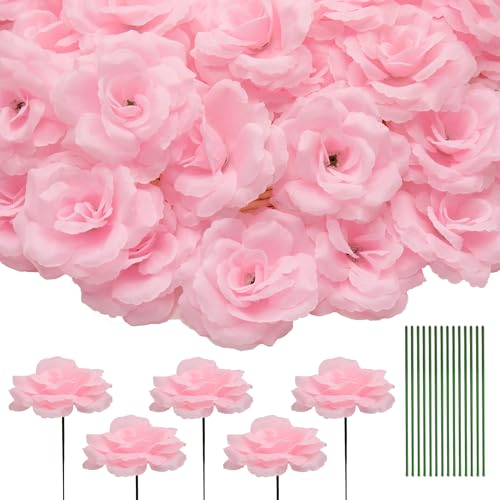 50 Pcs Rose Flower Head, Artificial Flowers Bulk for DIY Crafts, 3in Fake Rose Silk Flower Head wit Stem, Faux Flowers for Decoration, Wedding Home Party Decor Garland Decor (50, Light Pink) - color: Light Pink