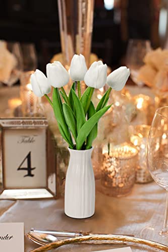 Briful 2 Packs Faux Flowers Artificial Tulips with Ceramic Vase, Poly Foam White Tulips Real Touch Flower Arrangement for Home Kitchen Wedding Centerpiece Decoration - color: White