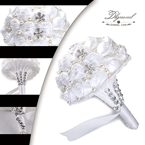 Handmade Wedding Flowers Bridal Bouquets Crystal Bride Holding Bouquet White Ivory Satin Roses with Diamond Pearl Ribbon.(allwhite) - color: Allwhite