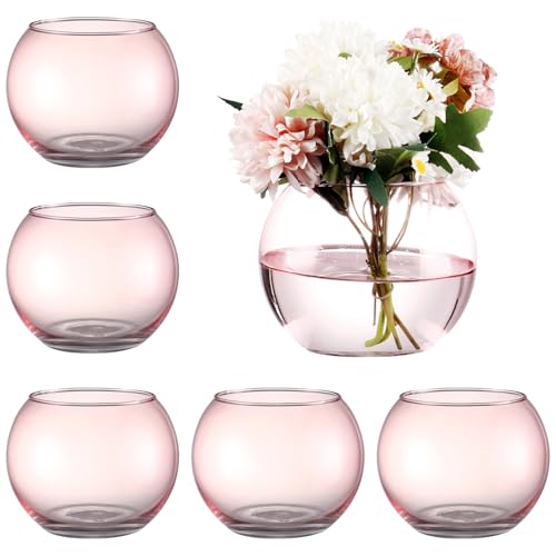 Round Glass Vases Set of 6, Pink Flower Vases for Centerpieces, Glass Bowl Vase, Small Round Vase for Living Room, Bedroom, Kitchen, Dining Table, Office, Wedding, 4 Inches - color: Pink, size: 4”