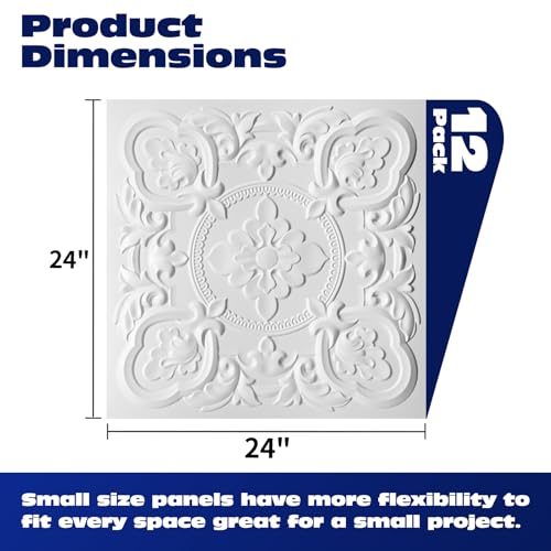Art3dwallpanels 12 Pack Drop Ceiling Tiles, 24 x 24 Inch High Grade PVC 3D Wall Panels Vintage Flower Pattern for Interior Wall Decor, Fire Rated, Waterproof, White - color: White