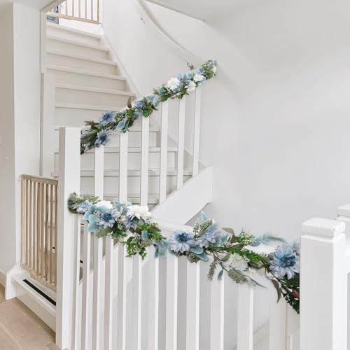 Giegxin 1 Pack 6 ft Artificial Flower Garland with Dahlias and Eucalyptus Blue White Flower Fake Wisteria Vines Summer Greenery Garland for Wedding Mantle Porch Stair Table Indoor Decor - style: Dahlias