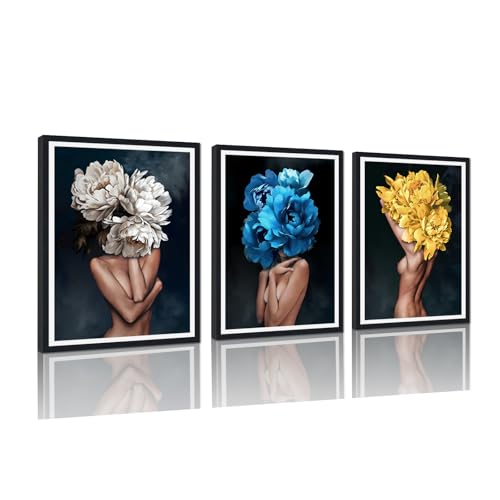 3 Piece Abstract Canvas Wall Art Sexy Women Nude Posters Wall Decor Girls with Colorful Flowers Head Prints Artwork for Living Room Bedroom Bathroom Hotel Framed Ready to Hang 12x16inchx3pcs - color: Art01, size: 12x16x3Pcs Black Framed