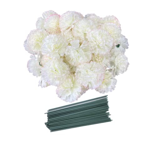 Rikyo 50 Artificial Silk Carnation Flower Head with Stems Set,Vase Fillers for Home Decor Party Birthday Cake Ornaments,Handmade Wrist Corsage, 3''Multiple Petals Heads & 8'' (Champagne) - color: Champagne