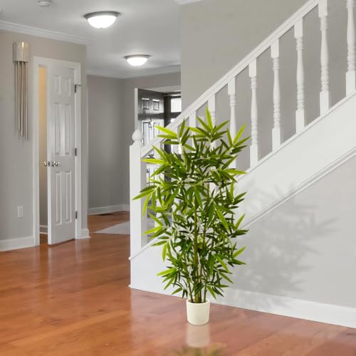 Warmplants Artificial Bamboo Tree, 5ft Tall Fake Bamboo Plant with White Planter, Faux Trees with 5 Trunks and Lifelike Leaves for Indoor Outdoor Home Office Décor - color: Bamboo, size: 5ft
