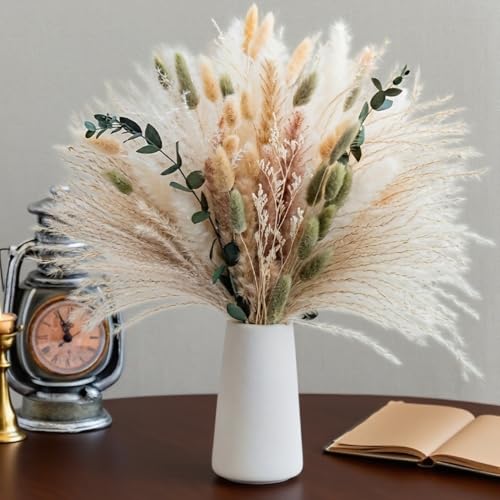 Spring White Dried Flower Bouquet with Pampas Grass – Soft Neutral Floral Arrangement for Home, Wedding Tables and Events 17 Inch (Pure White) - color: Pure White