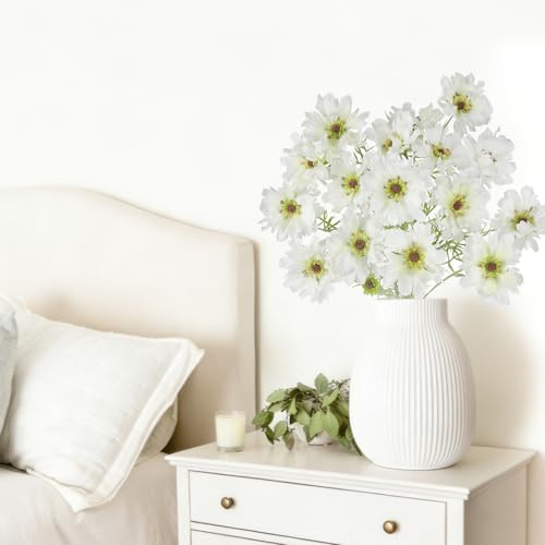 CISDUEO 4 Pcs Artificial Wildflowers Bulk Spring Decor White Silk Wild Flowers Fake Cosmos Flowers with Long Stems 24" Faux Floral Arrangements for Wedding Bouquet Table Centerpiece Outdoor Cemetery - color: White 1