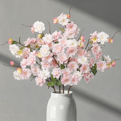 KHOYIME Artificial Cherry Blossom Branches 4PCS Pink White Fake Silk Flowers Faux Long Stems Realistic Cherry Floral Plants Spring Decor for Vase Table Centerpiece Indoor Home Office Wedding Party - color: Pink